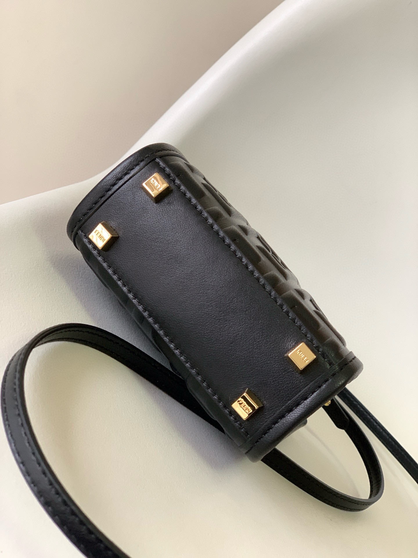 Fendi Mini Sunshine Shopper Black Leather Bag with Raised 3D-texture FF Motif